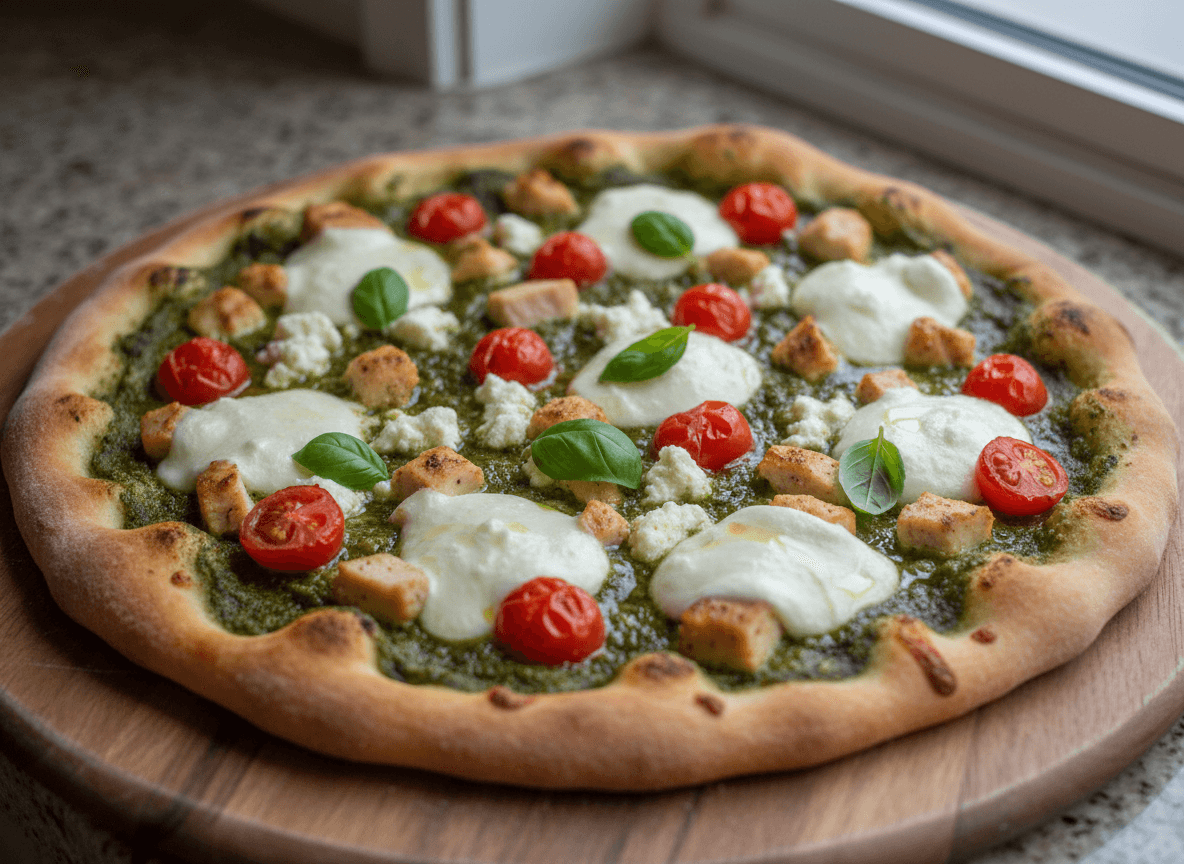 pesto-chicken-pizza-cherry-tomatoes-mozzarella